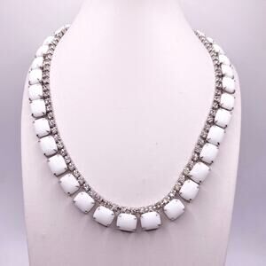 Delicate Vintage Milk Glass and Rhinestones Necklace 16”